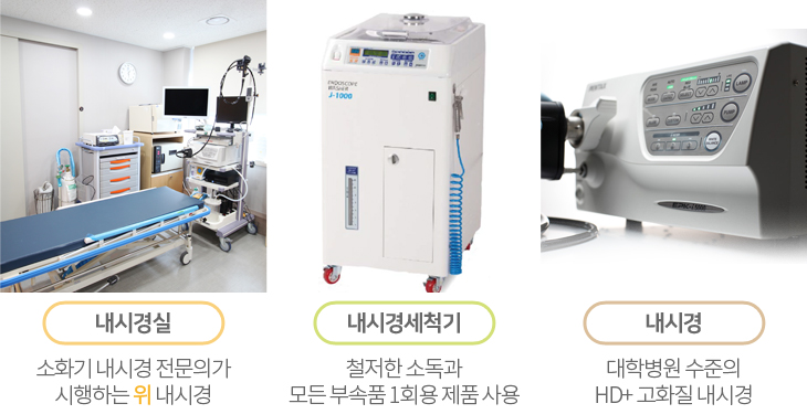 내시경실 소화기 내시경 전문의가 시행하는 위내시경, 내시경세척기 철저한 소독과 모든 부속품 1회용 제품 사용, 내시경 대학병원 수준의 HD+ 고화질 내시경