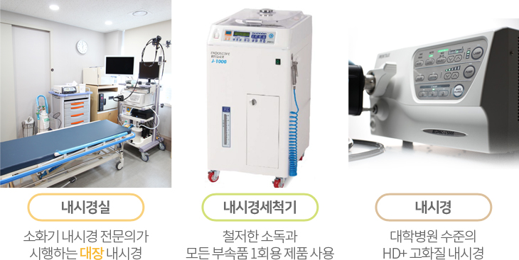 내시경실 소화기 내시경 전문의가 시행하는 대장내시경, 내시경세척기 철저한 소독과 모든 부속품 1회용 제품 사용, 내시경 대학병원 수준의 HD+ 고화질 내시경