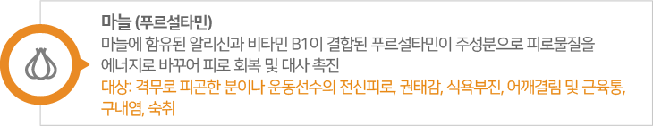 마늘,푸르설타민. 마늘에 함유된 알리신과 비타민 B1이 결합된 푸르설타민이 주성분으로 피로물질을 에너지로 바꾸어 피로 회복 및 대사 촉진, 대상: 격무로 피곤한 분이나 운동선수의 전신피로, 권태감, 식욕부진, 어깨결림 및 근육통, 구내염, 숙취