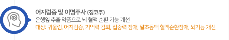 어지럼증 및 이명주사,징코주분.  은행잎 추출 약품으로 뇌 혈액 순환 기능 개선, 대상: 귀울림, 어지럼증, 기억력 감퇴, 집중력 장애, 말초동맥 혈액순환장애, 뇌기능 개선