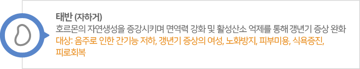 태반,자하거. 호르몬의 자연생성을 증강시키며 면역력 강화 및 활성산소 억제를 통해 갱년기 증상 완화, 대상: 음주로 인한 간기능 저하, 갱년기 증상의 여성, 노화방지, 피부미용, 식욕증진, 피로회복