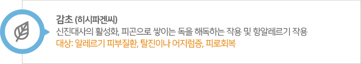 감초,히시파겐씨. 신진대사의 활성화, 피곤으로 쌓이는 독을 해독하는 작용 및 항알레기 작용, 대상: 알레르기 피부질환, 탈진이나 어지럼증, 피로회복